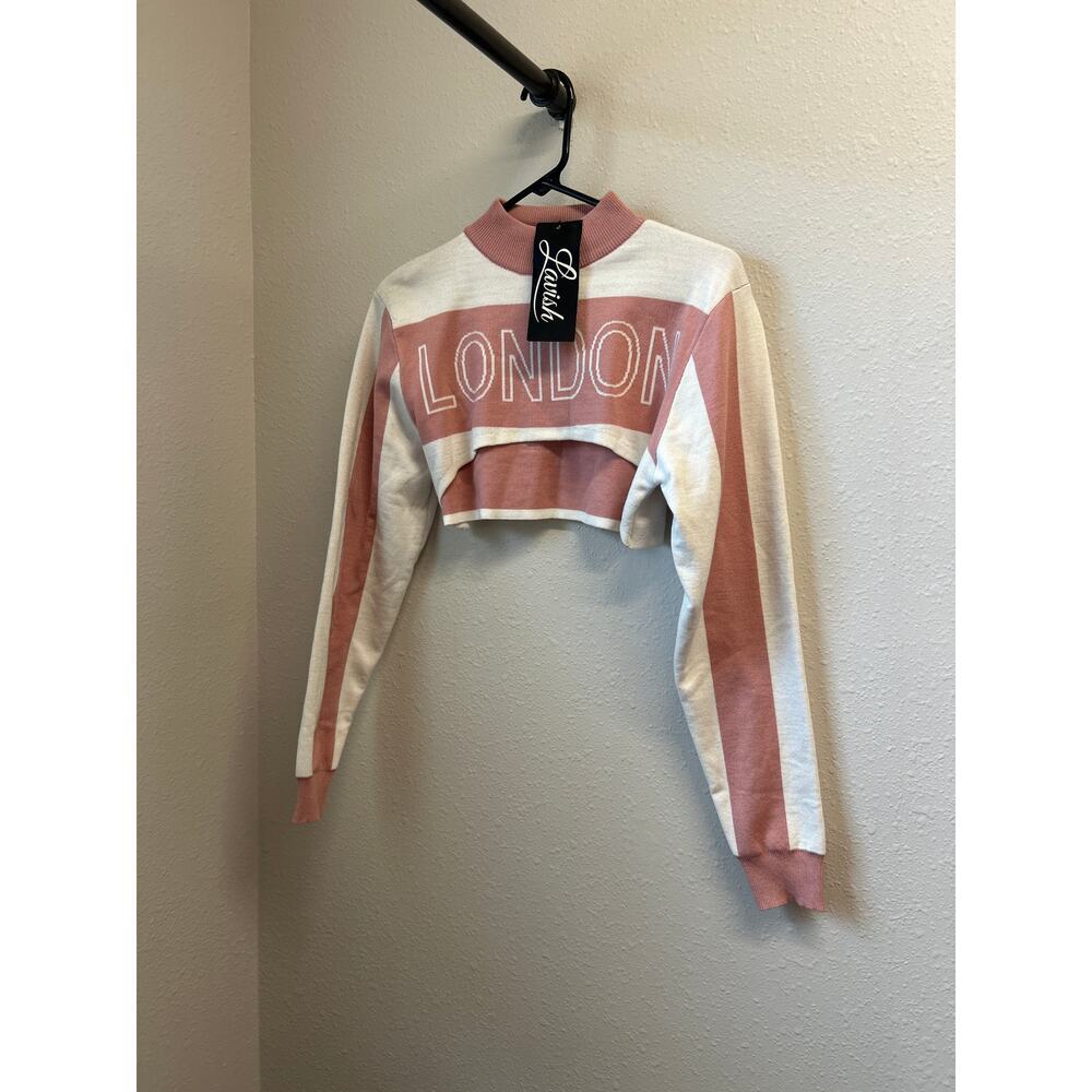 NWT Lavish Balboa Crop Sweater Landon Top Size L Long Sleeve Crewneck pink white